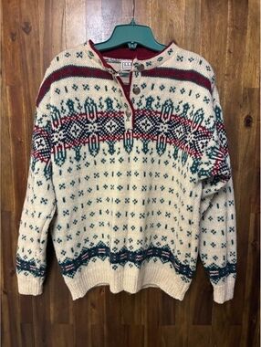 Vintage L.L. Bean Nordic Fair Isle Wool Sweater L 90s Grandpa Ski Coastal